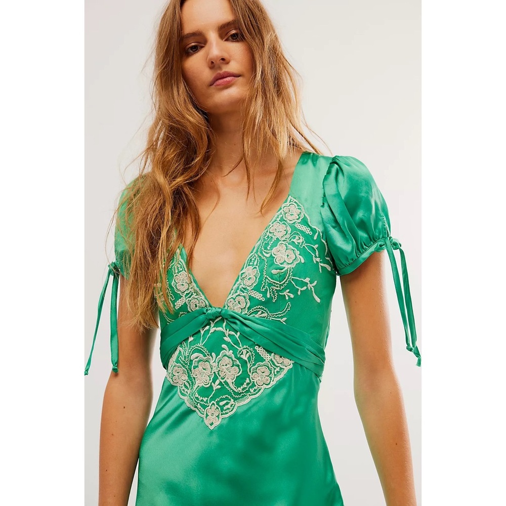 Free People Emerald Green Satin Maxi Dress with Embroidered Bodice - Picture 2 of 10